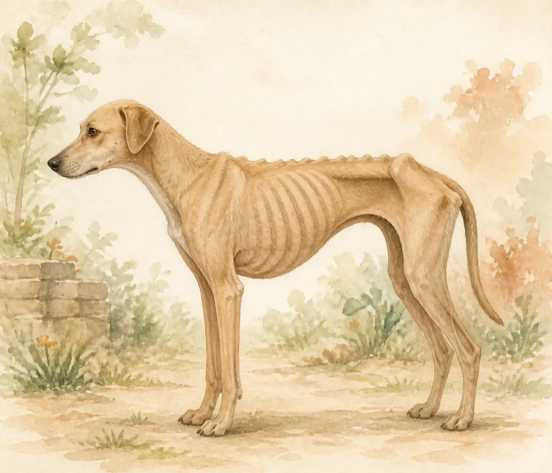 Watercolour dog with sharply prominent ribs, spine and hips