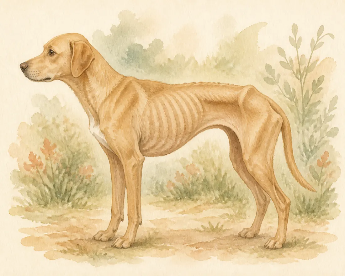 Watercolour dog with clearly visible ribs, spine and hips