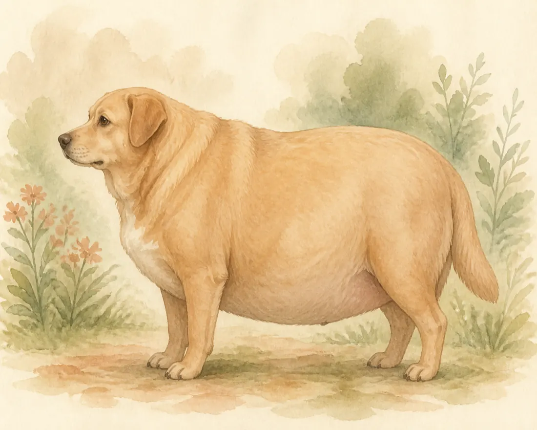 Watercolour dog with no visible waist and a rounded belly