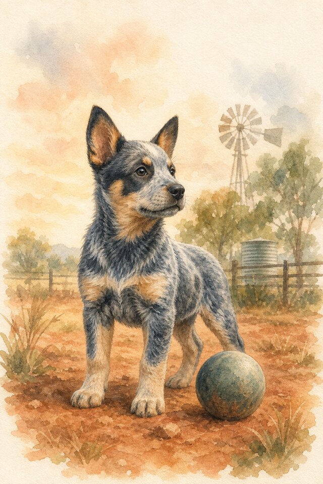 Watercolour illustration of an Australian Cattle Dog standing alert beside a herding ball in a dusty farm paddock with a fence, water tank and windmill