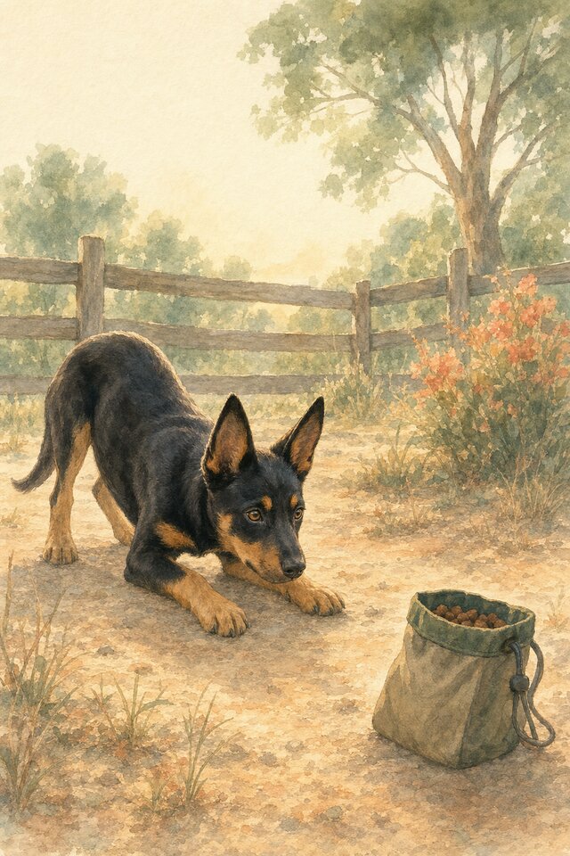 Watercolour illustration of an Australian Kelpie in a focused play bow facing an open treat pouch in a fenced rural yard