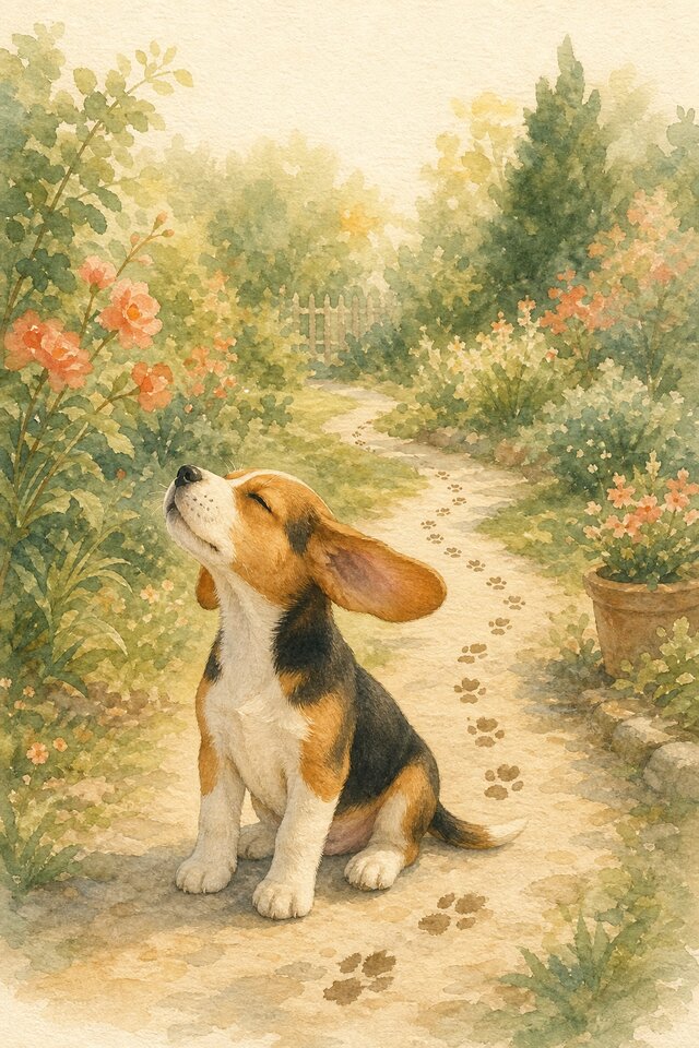 Watercolour illustration of a Beagle puppy scenting flowers beside a paw-print trail along a garden path