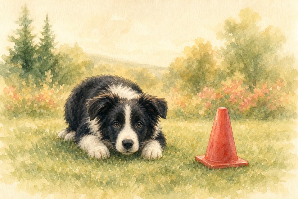 Watercolour illustration of a Border Collie puppy holding a down position on grass beside an orange training cone