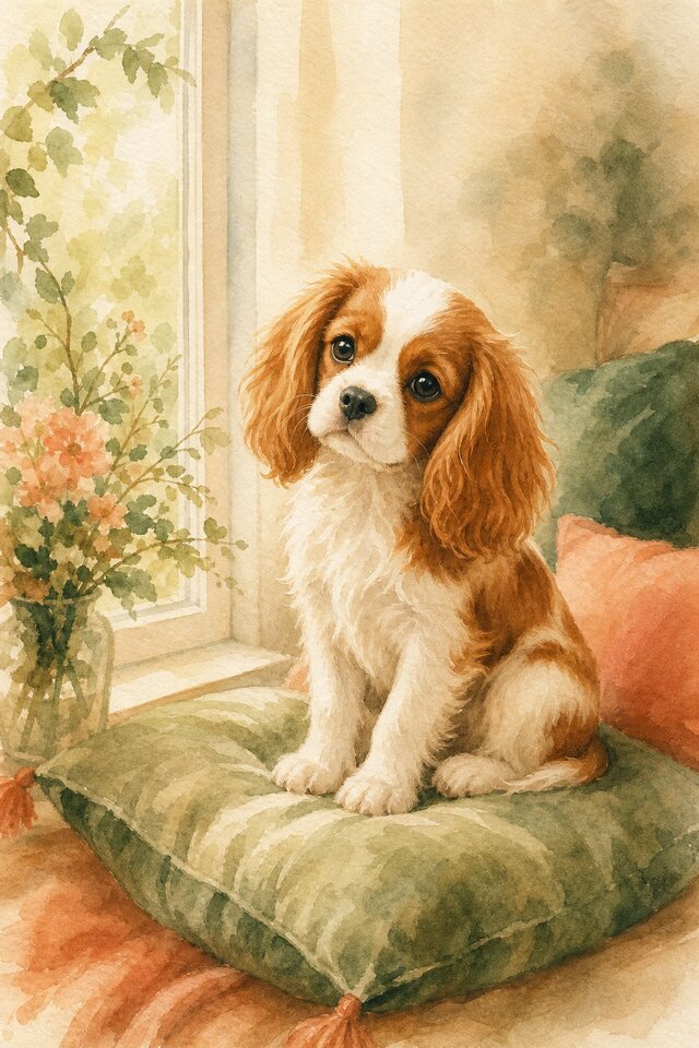 Watercolour illustration of a Cavalier King Charles Spaniel puppy sitting calmly on a floor cushion beside a window