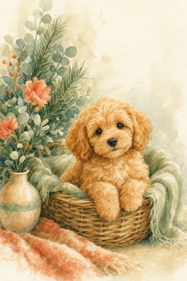 Watercolour illustration of a Cavoodle puppy resting calmly in a wicker basket bed with a soft blanket indoors
