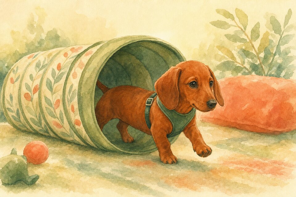Watercolour illustration of a Dachshund puppy wearing a green Y-front harness while walking out of a fabric training tunnel