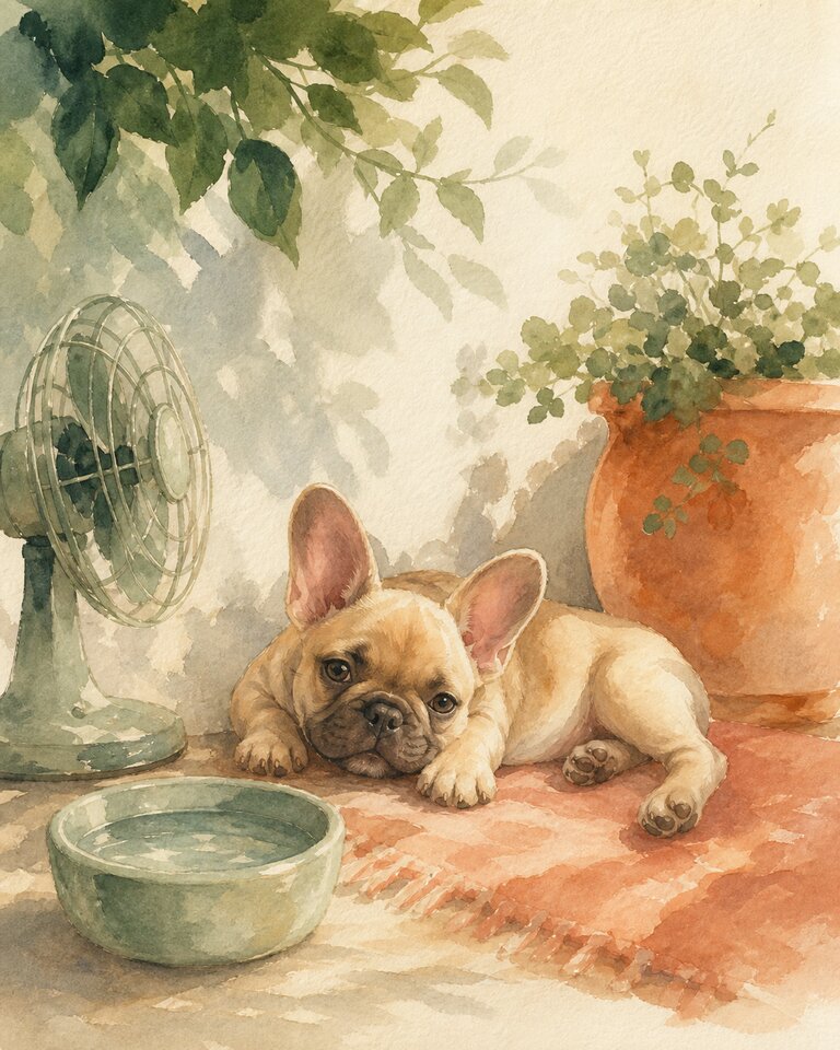 Watercolour illustration of a French Bulldog puppy resting in shade beside a water bowl and electric fan on a mat during hot weather