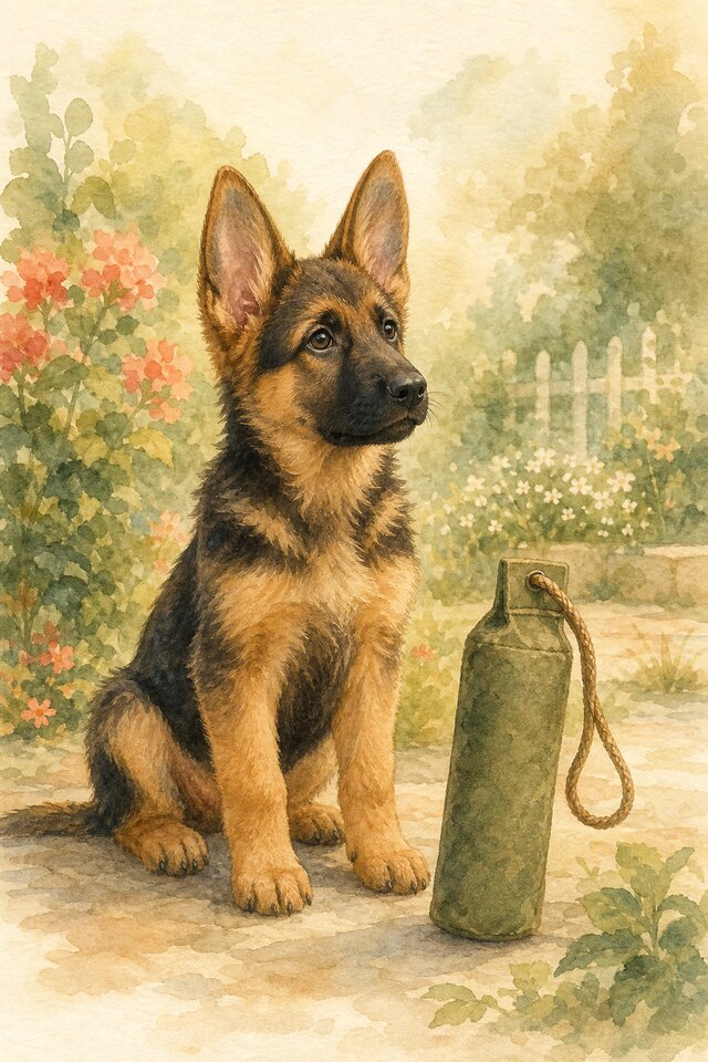 Watercolour illustration of a German Shepherd puppy sitting alert beside a canvas retrieve dummy with a rope handle in a fenced garden