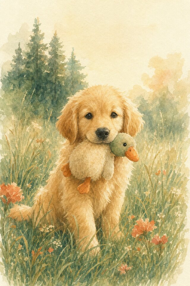 Watercolour illustration of a Golden Retriever puppy carrying a plush duck through a grassy field during retrieve play