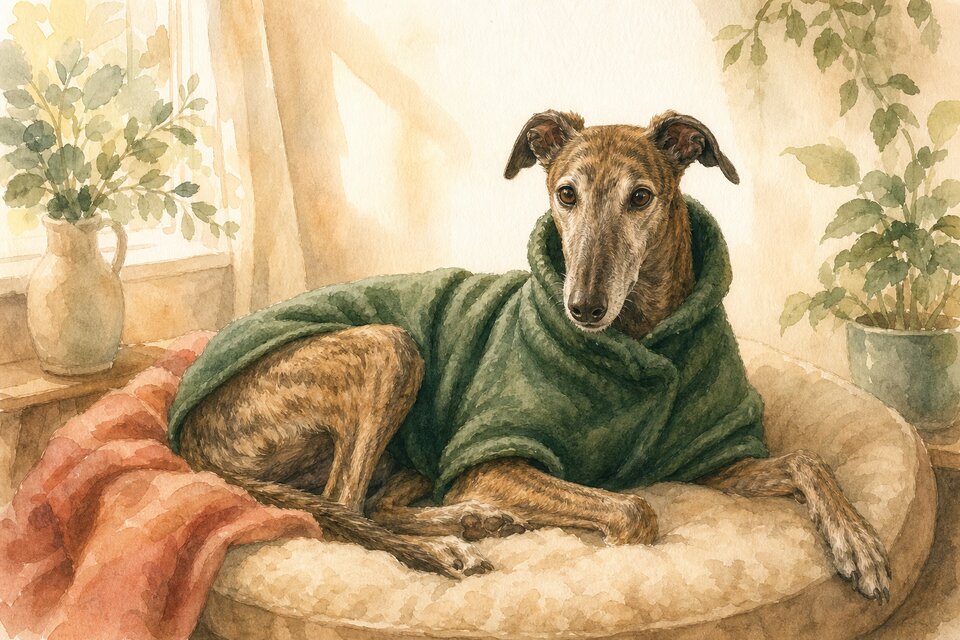 Watercolour illustration of an adult brindle Greyhound wearing a dark green fleece coat while curled on a cushioned bed indoors