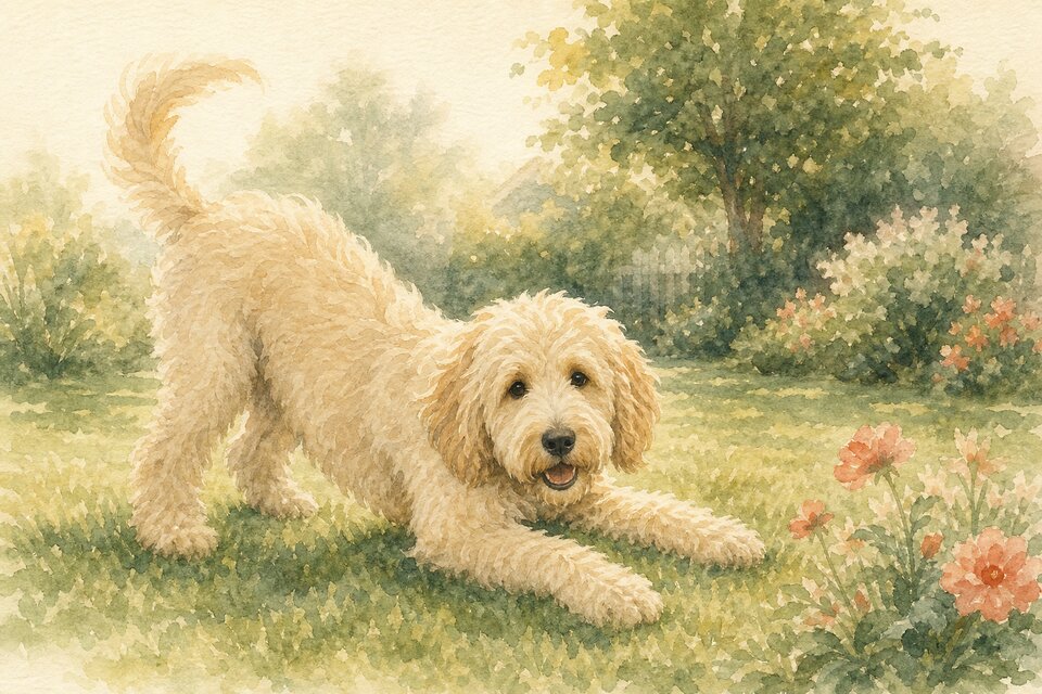 Watercolour illustration of a cream Groodle holding a playful bow on a garden lawn