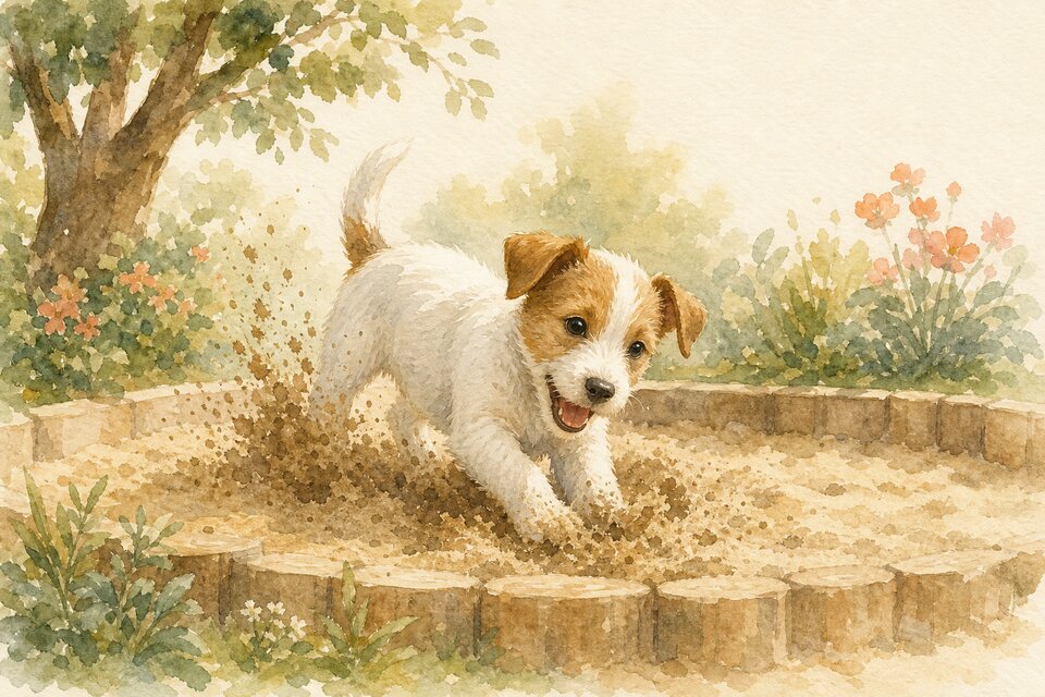Watercolour illustration of a Jack Russell Terrier puppy enthusiastically digging in a bordered garden sandpit