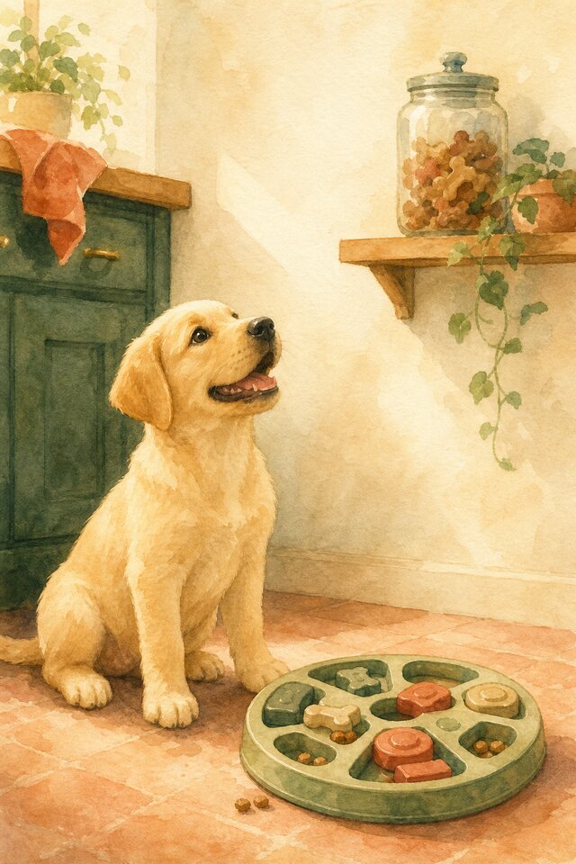 Watercolour illustration of a Labrador Retriever puppy sitting beside a round food-puzzle feeder with a jar of treats above