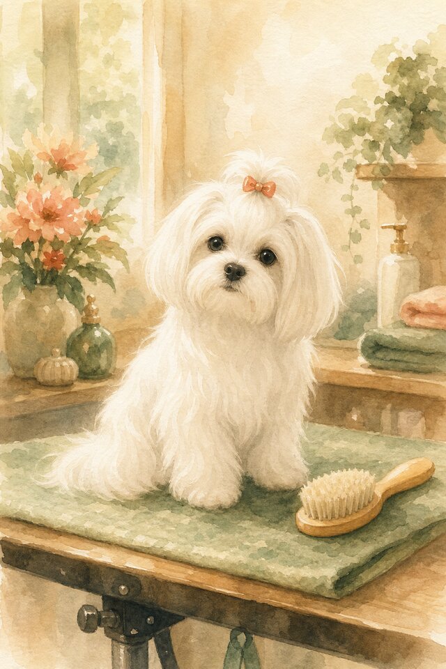 Watercolour illustration of a Maltese sitting calmly on a grooming table beside a brush, folded towels and grooming bottles