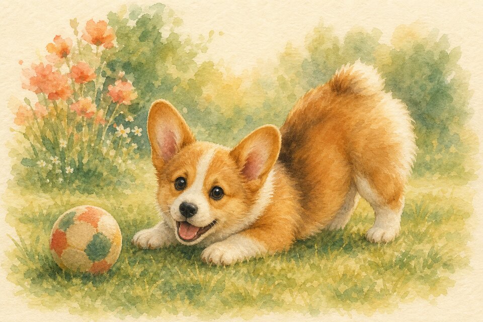 Watercolour illustration of a Pembroke Welsh Corgi puppy play-bowing toward a colourful ball on grass