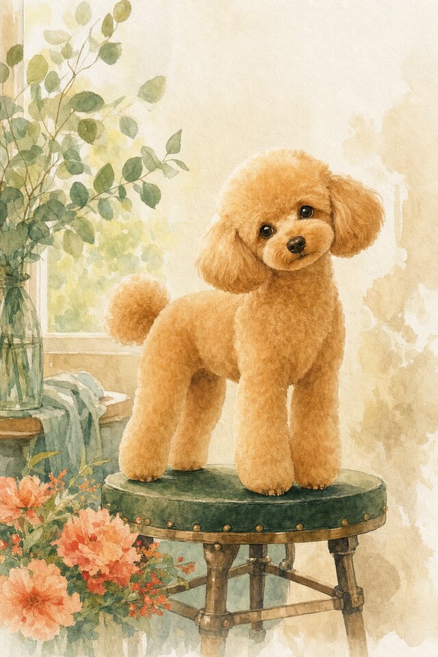 Watercolour illustration of an apricot Poodle standing calmly in a finished groom on a raised grooming stool indoors