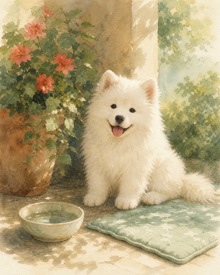 Watercolour illustration of a Samoyed puppy cooling in a shady courtyard beside a water bowl and cooling mat