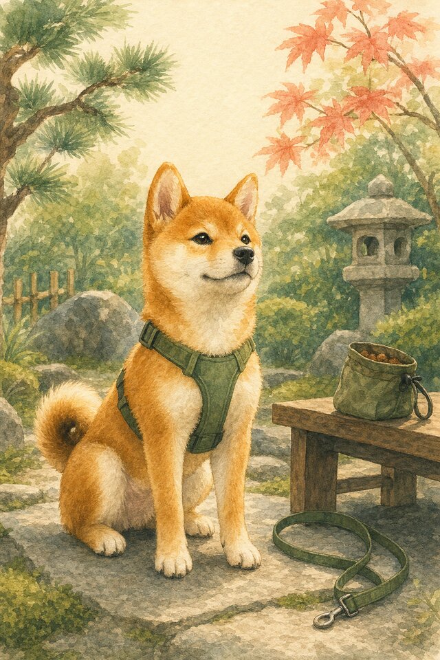 Watercolour illustration of a Shiba Inu puppy wearing a green harness beside a lead and reward pouch in a Japanese garden