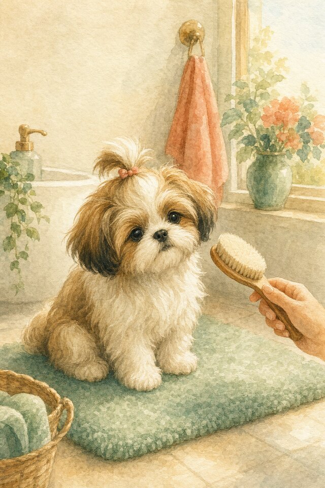 Watercolour illustration of a Shih Tzu puppy sitting on a grooming mat while a human offers a brush for cooperative grooming