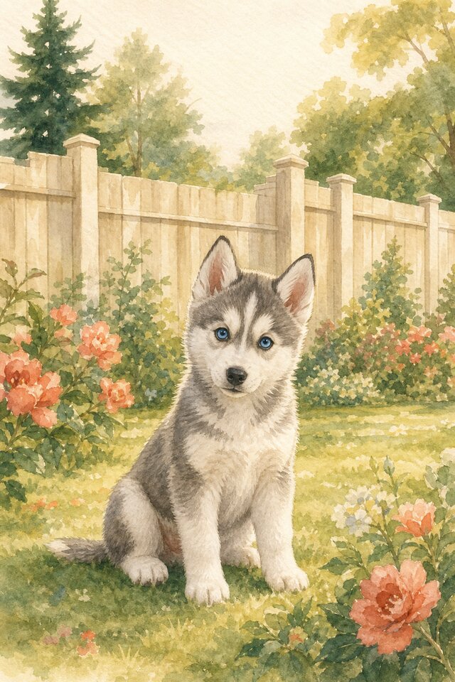Watercolour illustration of a Siberian Husky puppy sitting in a garden enclosed by a tall wooden fence