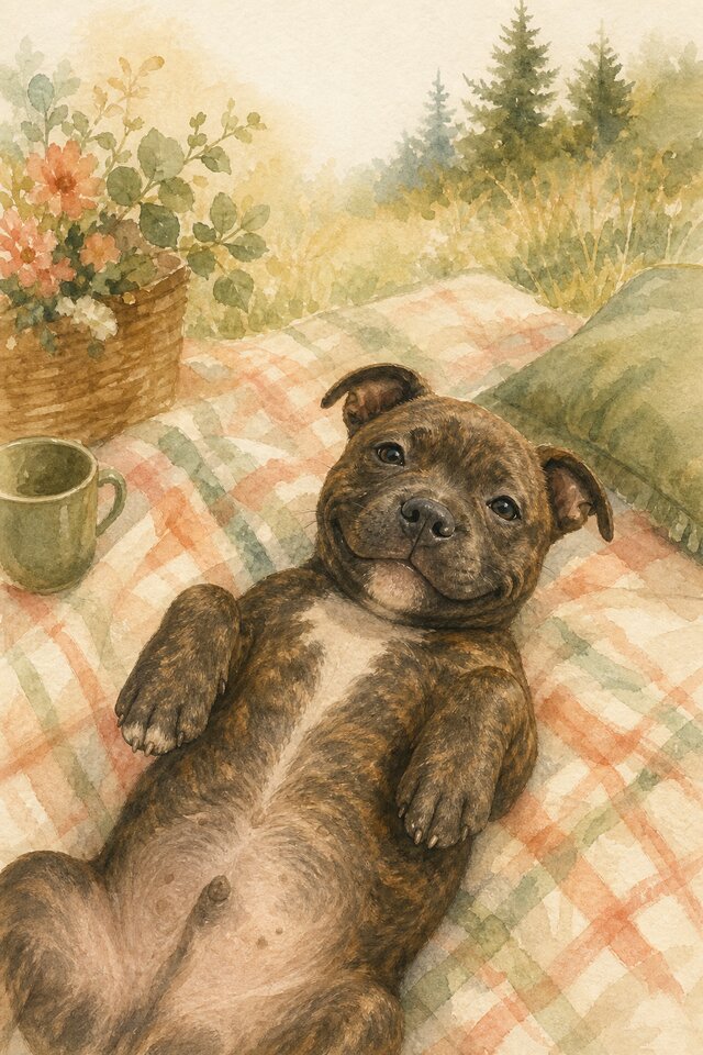 Watercolour illustration of a friendly brindle Staffordshire Bull Terrier lying relaxed and belly-up on a picnic blanket in the garden