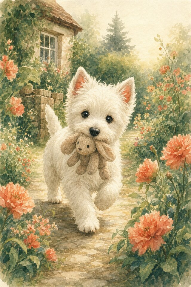 Watercolour illustration of a West Highland White Terrier puppy carrying a plush rabbit toy along a garden path