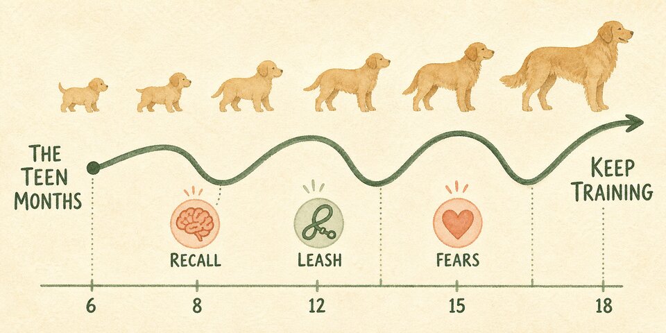 Wavy adolescence timeline from 6 to 18 months, with a dog growing from puppy to adult and reminders for recall, leash skills, fears and continued training