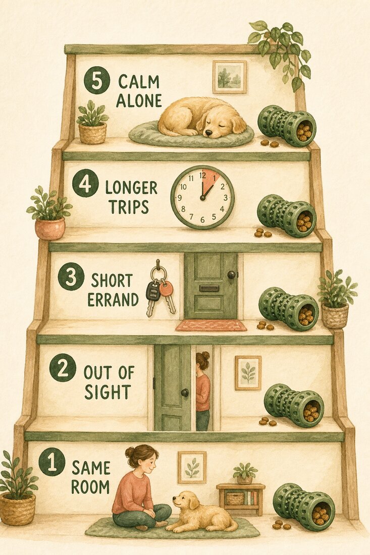 Watercolour five-level alone-time training ladder progressing from the same room to calm alone time
