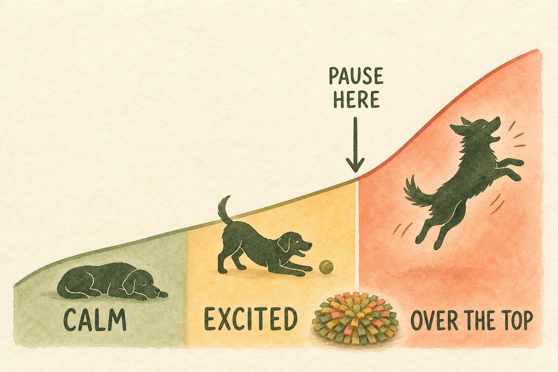 Watercolour arousal curve moving from calm through excited to over the top with a pause point before threshold