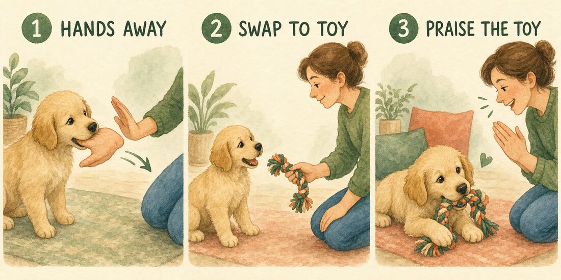 Watercolour three-step diagram showing hands moving away and puppy mouthing redirected to a toy