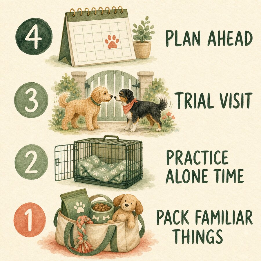 Four-step boarding countdown showing planning ahead, a trial visit, alone-time practice and packing familiar things