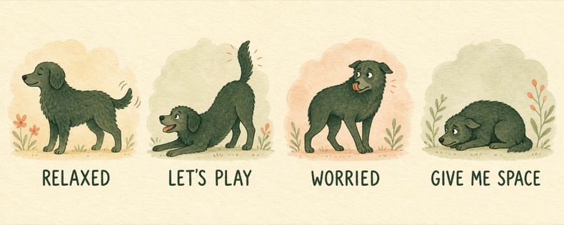 Watercolour chart of four common puppy body-language states