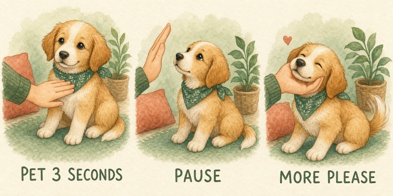 Watercolour diagram showing a three-second petting consent test