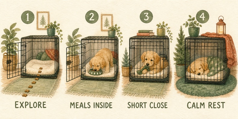 Watercolour diagram showing four calm crate-training stages