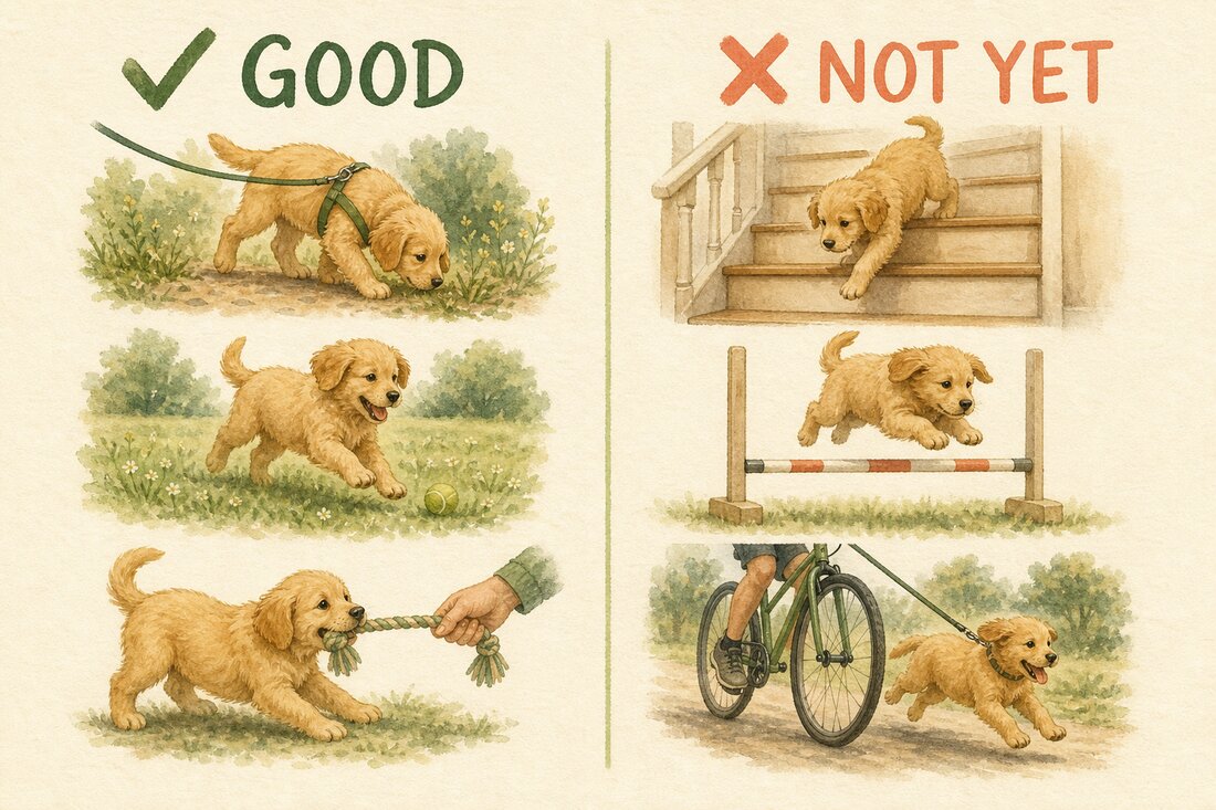 Watercolour comparison of low-impact puppy activities and high-impact exercise to postpone during growth