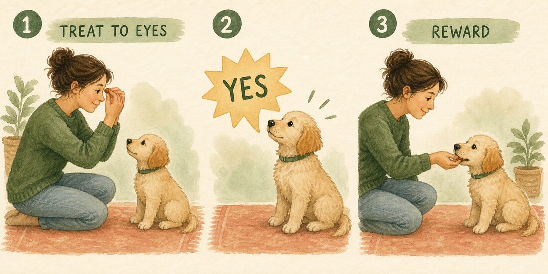 Watercolour three-step eye-contact exercise using a food lure, marker word and reward