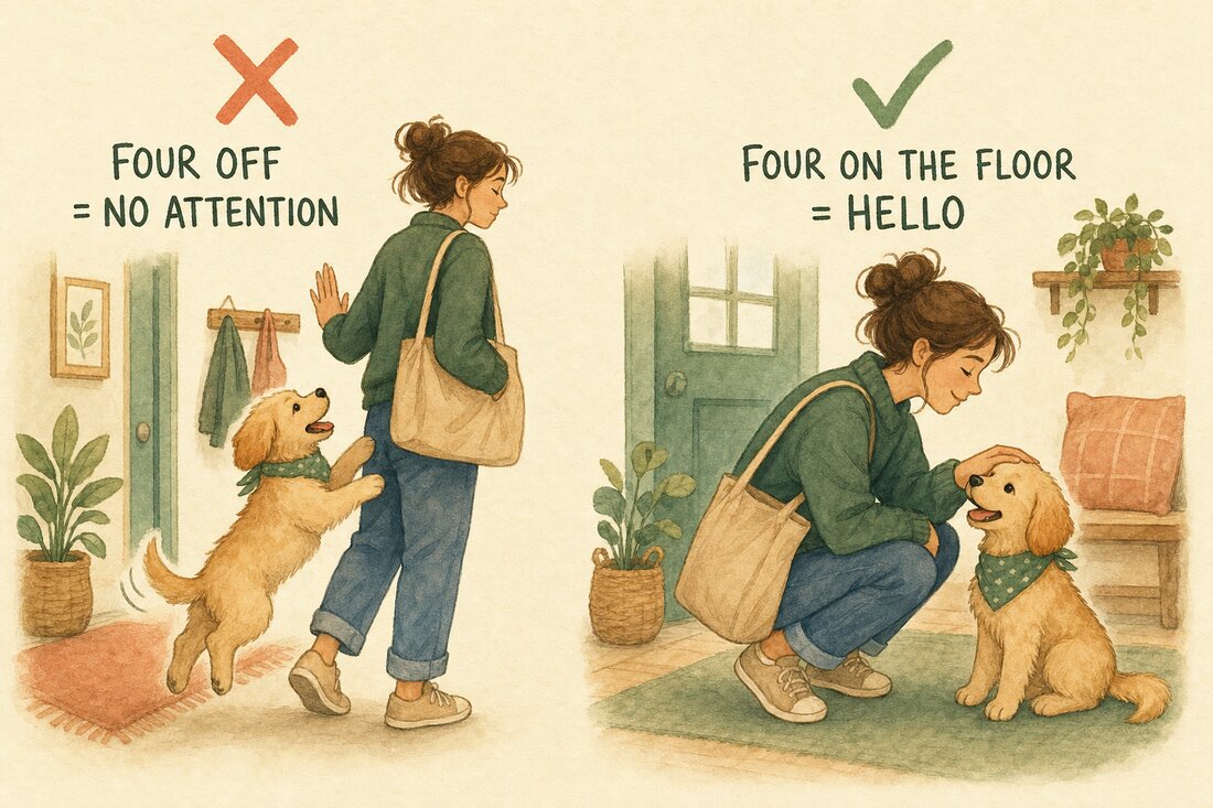 Watercolour comparison of attention withheld for jumping and greeting given for four paws on the floor