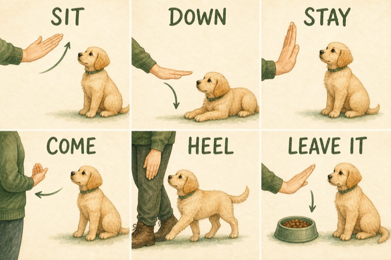 Watercolour chart of six common puppy-training hand signals