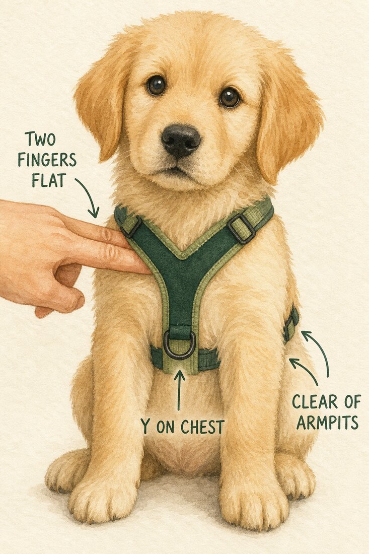 Watercolour front view showing checks for fitting a Y-shaped dog harness