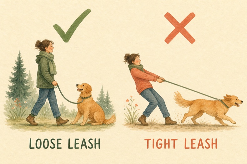 Watercolour comparison of a loose lead and a tight lead