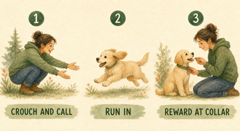 Watercolour diagram showing three dog recall steps