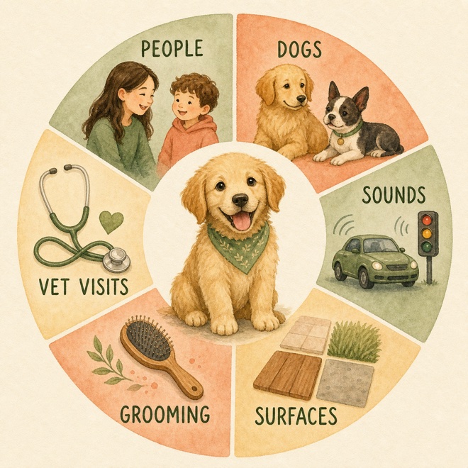 Watercolour socialisation wheel showing six categories of puppy experiences