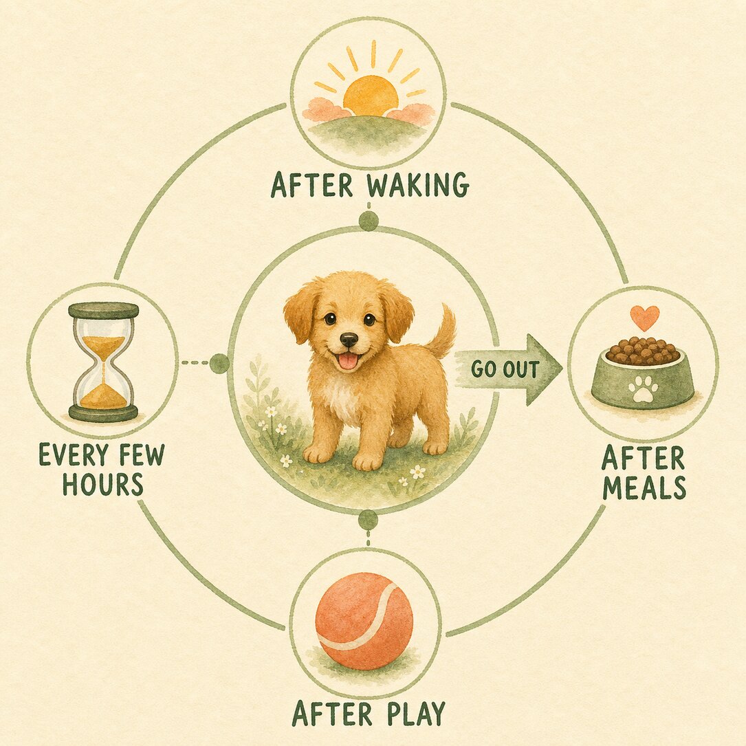 Watercolour toilet timing wheel showing a puppy going outside after waking, meals and play and every few hours