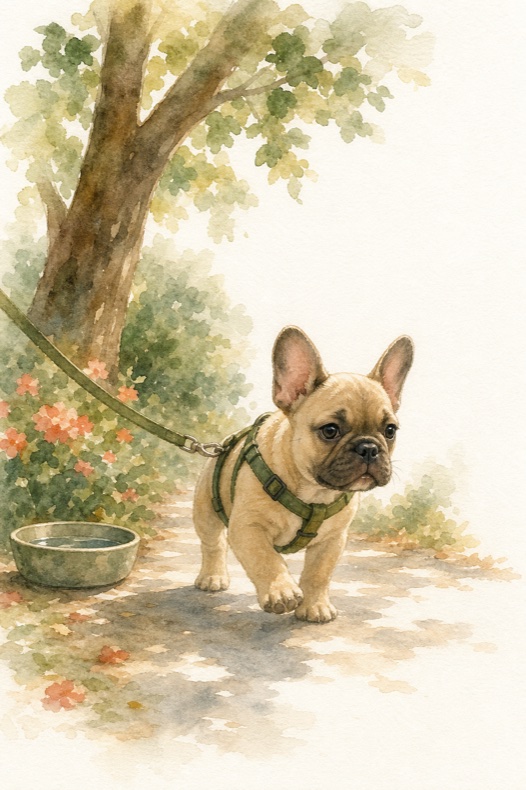 Watercolour illustration of a short-muzzled puppy on a gentle shaded walk