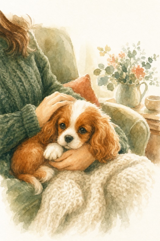 Watercolour illustration of a small companion puppy resting on a person's lap