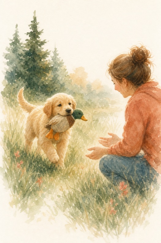 Watercolour illustration of a young gundog carrying a toy bird toward a kneeling person