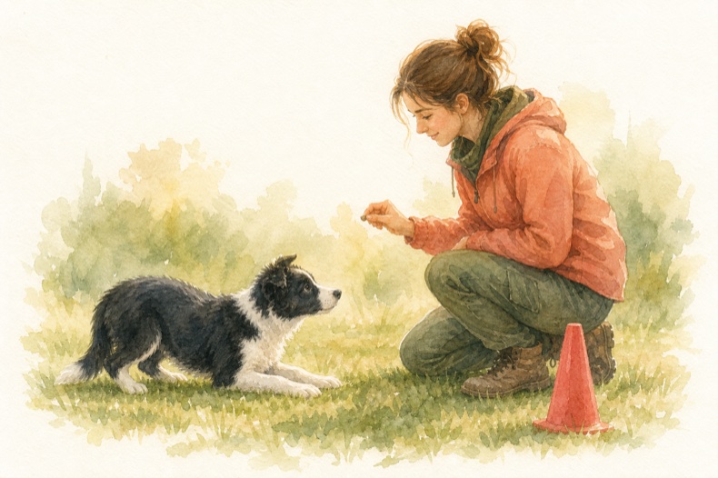 Watercolour illustration of a young herding dog focusing on a trainer