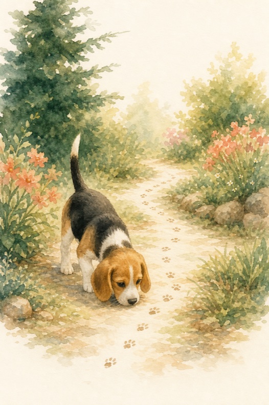 Watercolour illustration of a young scent hound following a scent trail