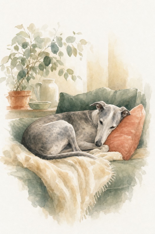 Watercolour illustration of an adult sighthound resting on a soft couch