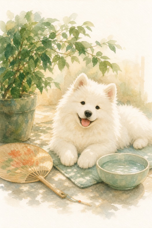 Watercolour illustration of a fluffy spitz puppy resting in cool shade